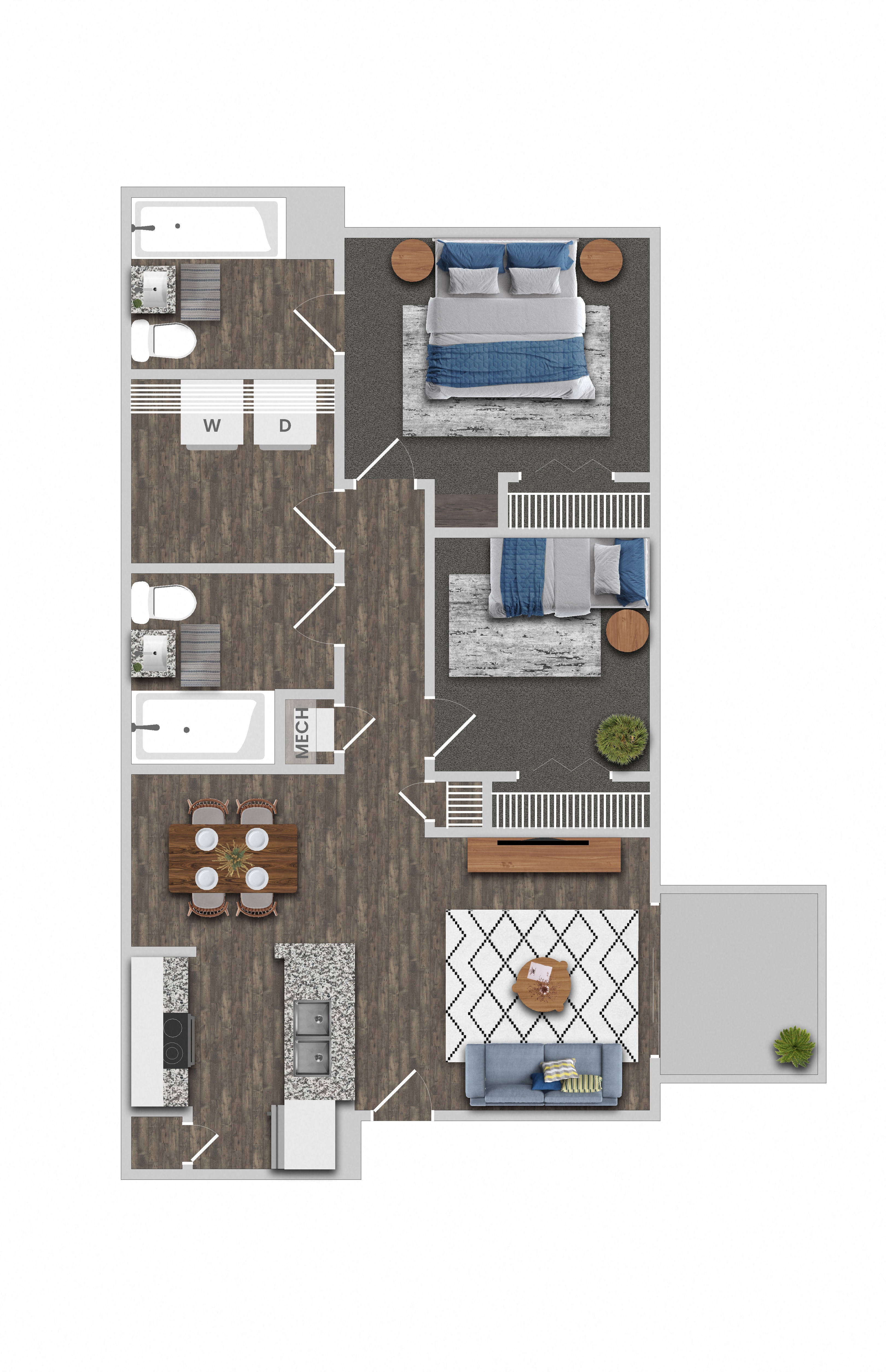 Floor plan for 2 beds, 2 baths, 923 sqft